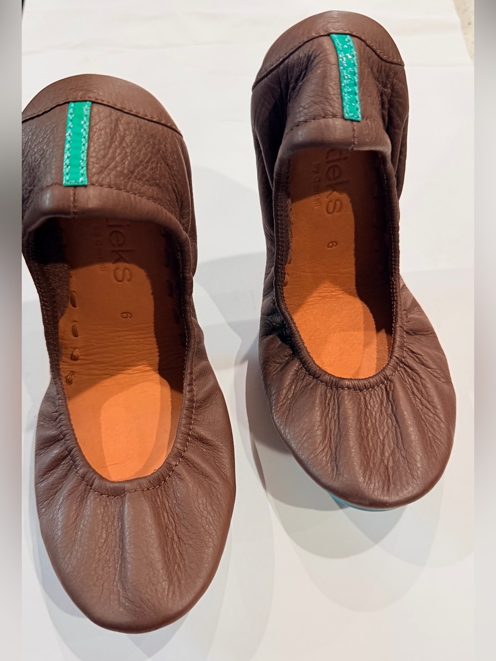 Tieks Kids Brown Leather Ballet Flats with Teal Pull Tab